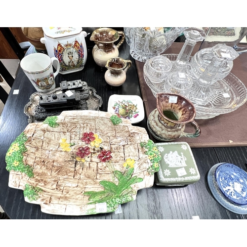 592 - A glass dressing table set; a GVI glass dish and decorative china and glass