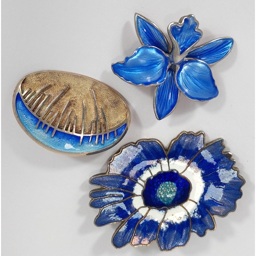 660 - 7 brooches to include 2 modern amber and silver, a blue enamel pansy, a blue enamelled orchid stampe... 