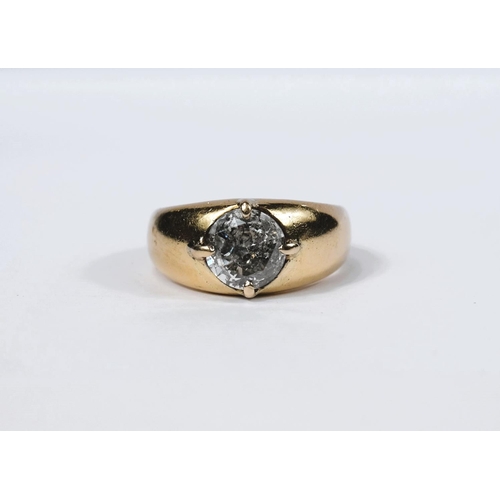 667 - A heavy 18 carat hallmarked gold dress ring with broad shank set large circular diamond, diameter ap... 