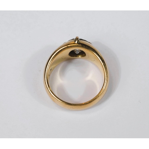 667 - A heavy 18 carat hallmarked gold dress ring with broad shank set large circular diamond, diameter ap... 