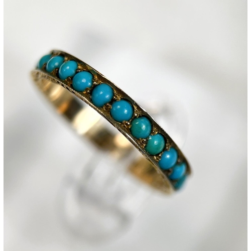 702 - A VICTORIAN ETERNITY RING, 9ct gold, set turquoise beads, chased decoration. size N