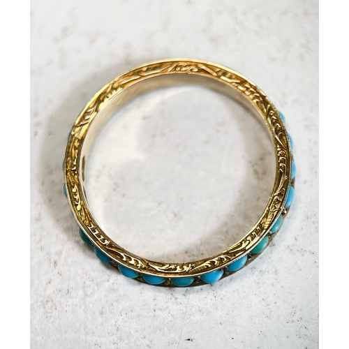 702 - A VICTORIAN ETERNITY RING, 9ct gold, set turquoise beads, chased decoration. size N