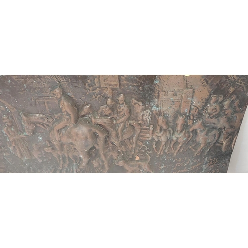 71 - A square embossed copper wall plaque depicting a hunting scene. 46 x 54cmNo bids sold with next lot... 