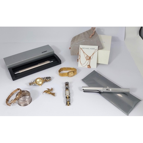 735 - Three lady's wristwatches: Bulova, DKNY and Rotary; a Michael Kors pendant; a silver napkin ring; a ... 