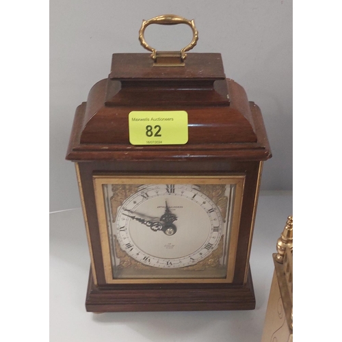 82 - A Georgian style red lacquer bracket clock (no front door); a similar smaller walnut faced bracket c... 