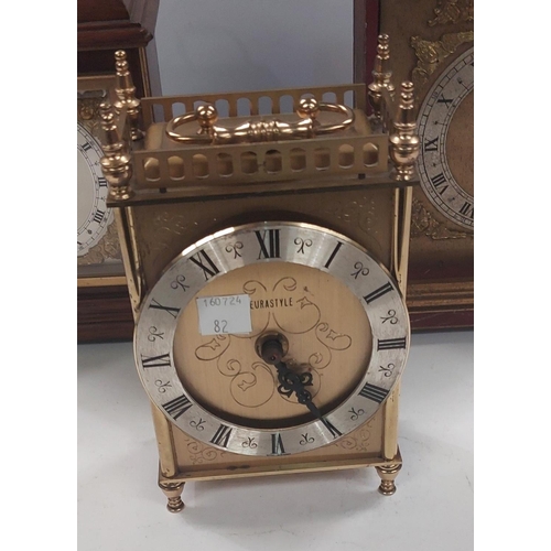 82 - A Georgian style red lacquer bracket clock (no front door); a similar smaller walnut faced bracket c... 