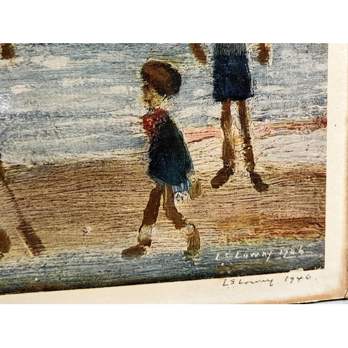 826 - L.S. Lowry - colour process print of a beach scene, bears signatures, with associated letter, 53 x 6... 