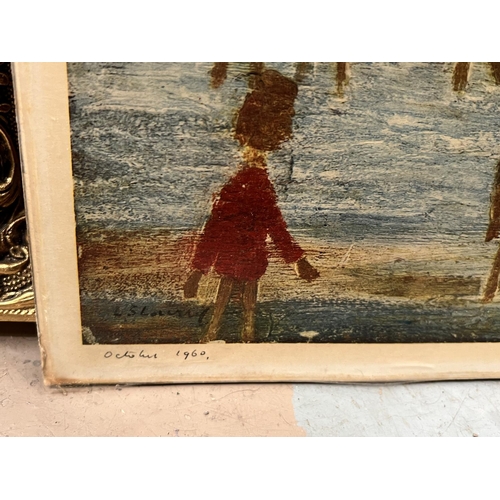 826 - L.S. Lowry - colour process print of a beach scene, bears signatures, with associated letter, 53 x 6... 