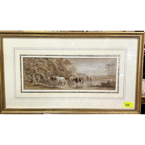 828 - HENRY EARP Senr, British (1831-1914) watercolour, cattle in a water meadow, signed, 12.5 x 36cm, fra... 