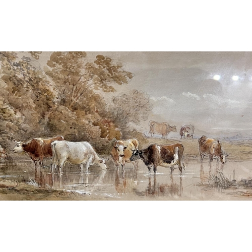 828 - HENRY EARP Senr, British (1831-1914) watercolour, cattle in a water meadow, signed, 12.5 x 36cm, fra... 