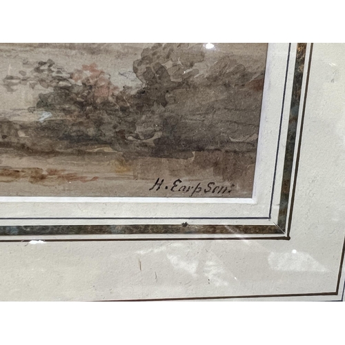 828 - HENRY EARP Senr, British (1831-1914) watercolour, cattle in a water meadow, signed, 12.5 x 36cm, fra... 