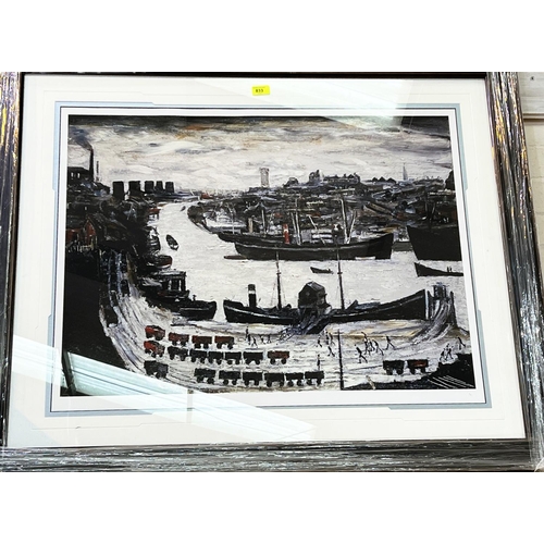 833 - After L. S .Lowry: 'The Docks' a blind stamped limited edition coloured print 9/75, framed and glaze... 