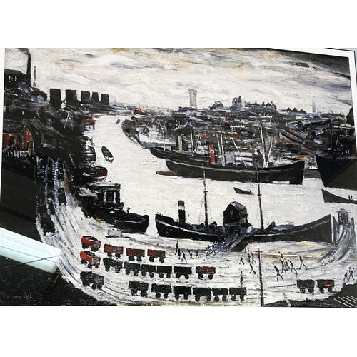 833 - After L. S .Lowry: 'The Docks' a blind stamped limited edition coloured print 9/75, framed and glaze... 