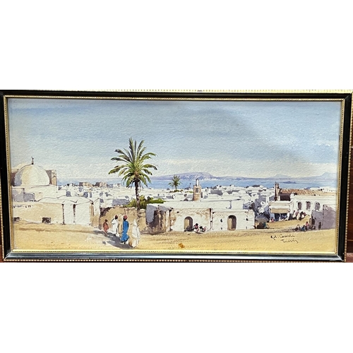 842 - Gabriel Carreli, Middle Eastern scene with houses and palm trees with sea and mountains in backgroun... 