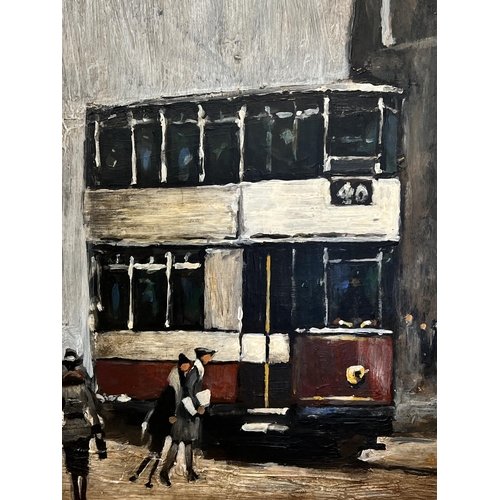 845 - ARTHUR DELANEY - oil on board, A No 40 tram in Albert Square, Manchester, with period figure detail,... 