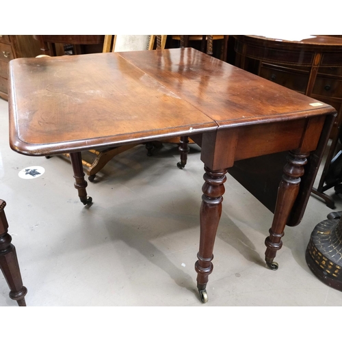 869 - A heavy 19th century drop leaf table of rounded rectangular form with turned legs, brass castors, le... 