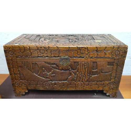 951 - An oriental camphor wood bedding box with extensive carved wood decoration, length