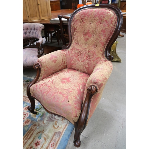 973 - A Victorian spoon back occasional chair in deep pink brocade and a similar footstool.