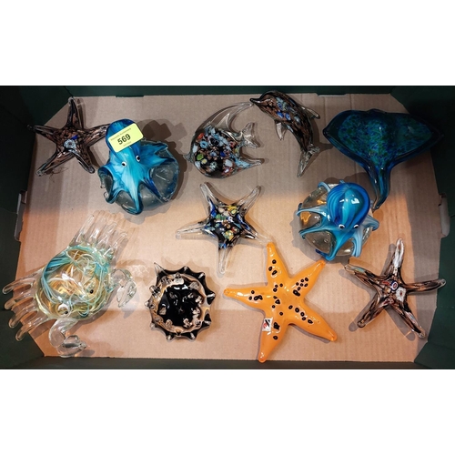 569 - 2 Murano style blue octopus paperweights, a similar crab, a mille fiori type fish, dolphin and 3 sta... 