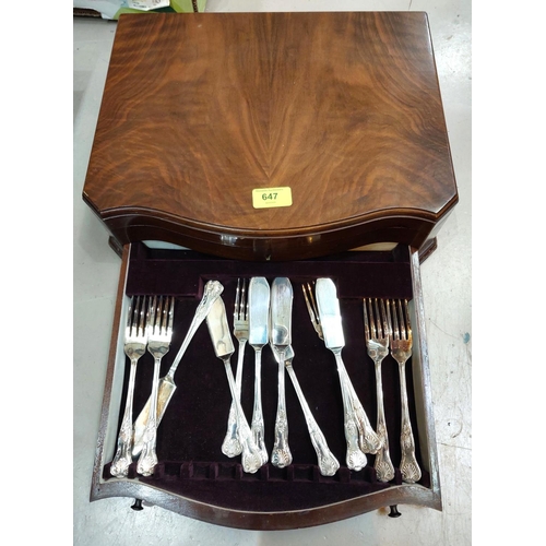 647 - A Kings part canteen of silver plate cutlery in figured mahogany fitted box.