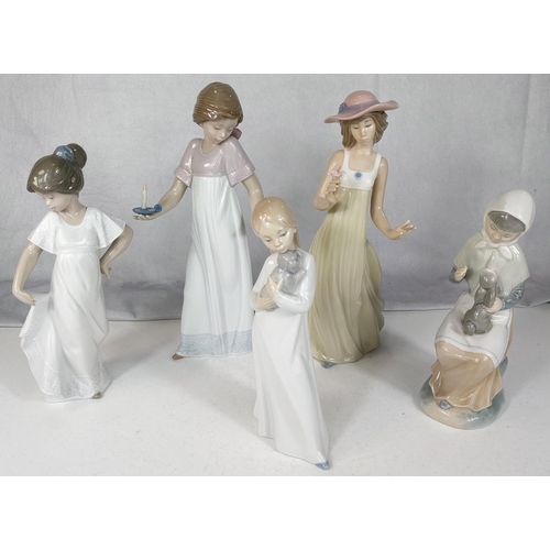 637 - Five Nao figures of young girls with candles, flowers or puppies etc