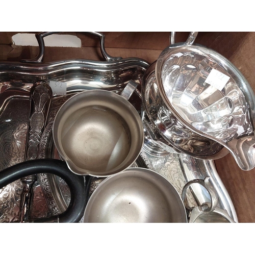 725 - A selection of silver plate, including 4 piece tea set, 3 piece tea set, tray, rose bowl etc.