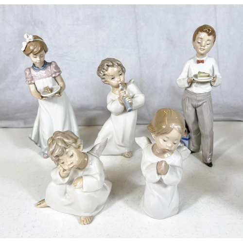 638 - A pair of Lladro figures boy and girl with cakes and three Lladro figures of Cherubs