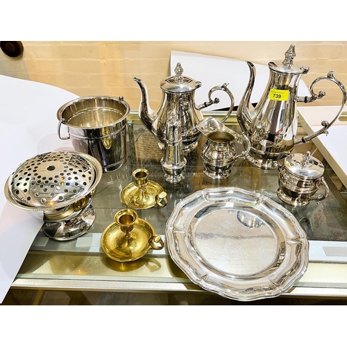 739 - A four piece silver plated tea service, silver plated champagne bucket etc