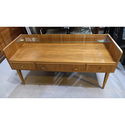 860 - A mid 20th century Danish three drawer bedroom table with glass shelf above