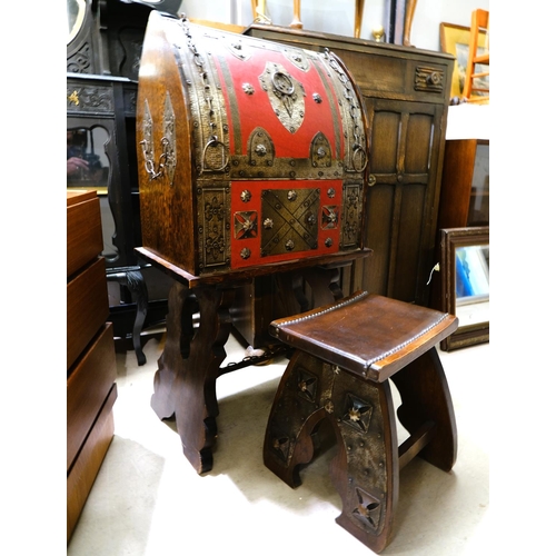 909 - An unusual 'Toledo' writing box with extensive silvered metal mounts on matching stand with stool