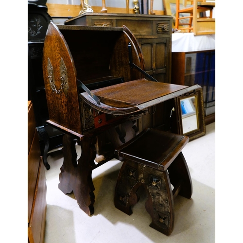 909 - An unusual 'Toledo' writing box with extensive silvered metal mounts on matching stand with stool