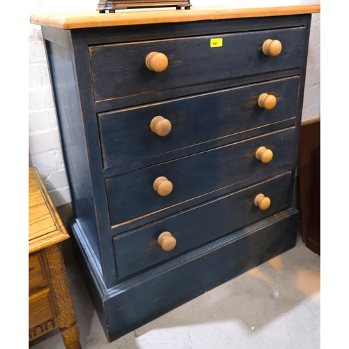 941 - A chest of four drawers in blue with coloured top and handles, 93 x 80 x 43cm