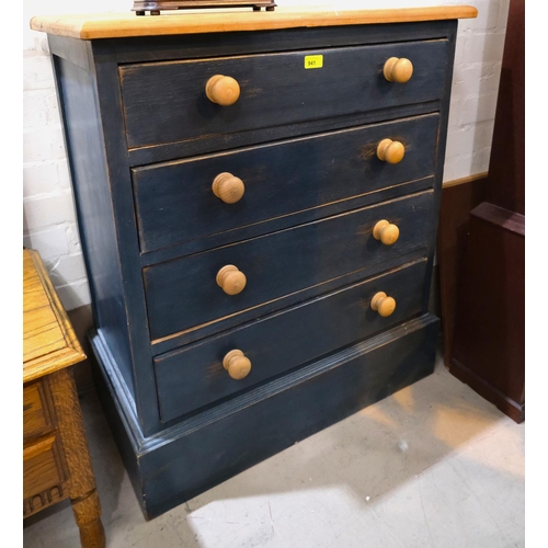 941 - A chest of four drawers in blue with coloured top and handles, 93 x 80 x 43cm