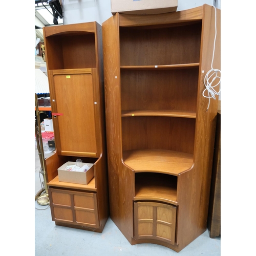 956 - A Nathan teak 3 height open shelf bookcase with with shelf and cupboard below of curved form, the cu... 