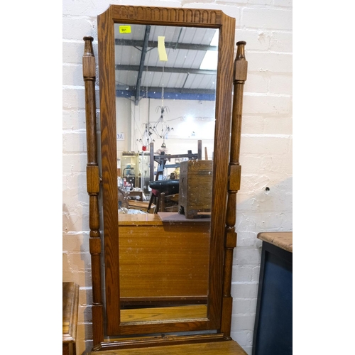 981 - A golden oak full height cheval mirror with drawers below