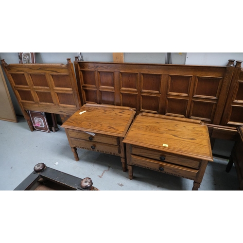 982 - A golden oak pair of bedside cabinets with attached head board and another similar