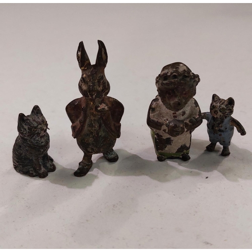 130 - BEATRIX POTTER, 3 miniature painted bronze figures, early 20th century; a similar figure of a cat, 2... 