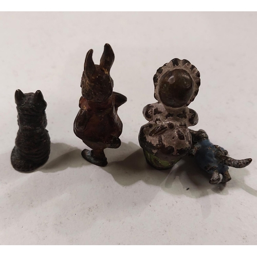 130 - BEATRIX POTTER, 3 miniature painted bronze figures, early 20th century; a similar figure of a cat, 2... 