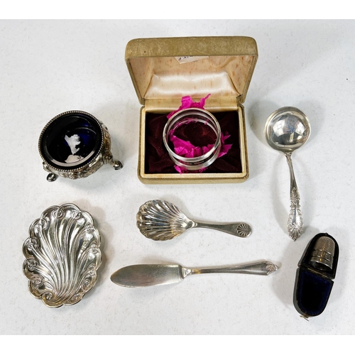 743 - A collection of hall marked silver items, shell caddy spoon, salt, dish etc