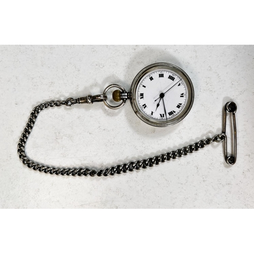 747 - A silver open face fob watch one white metal chain with white enamel dial 