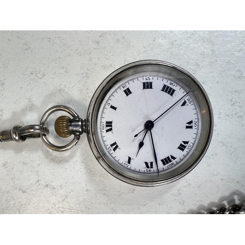 747 - A silver open face fob watch one white metal chain with white enamel dial 