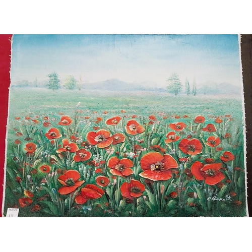 819 - G. Moore, oil on canvas Venetian scene; Simon, oil on canvas winter scene and a poppy field, all unf... 