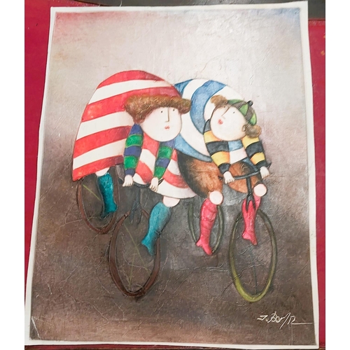 820 - Joyce Roybal: three oils on canvas, two people on bikes, two people on elephant and musicians, signe... 