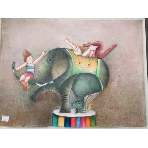 820 - Joyce Roybal: three oils on canvas, two people on bikes, two people on elephant and musicians, signe... 