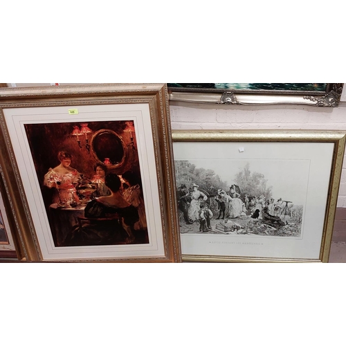 848 - Two framed Russell Flint prints and two other well framed gilt prints, one being Russian Tea party b... 