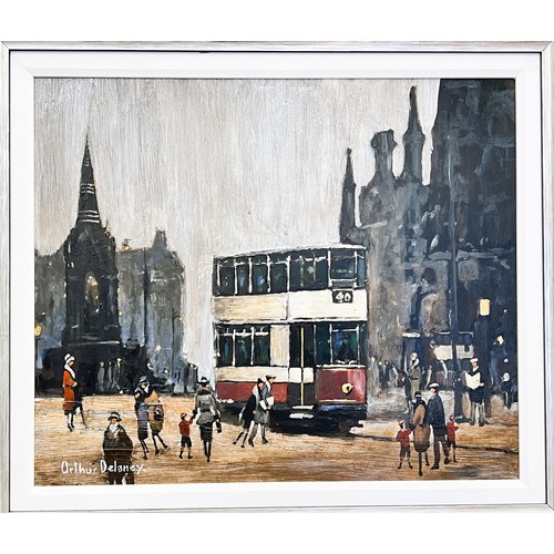 845 - ARTHUR DELANEY - oil on board, A No 40 tram in Albert Square, Manchester, with period figure detail,... 