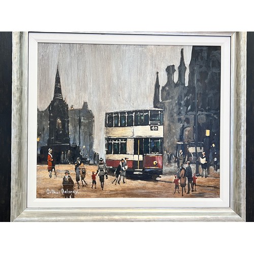 845 - ARTHUR DELANEY - oil on board, A No 40 tram in Albert Square, Manchester, with period figure detail,... 