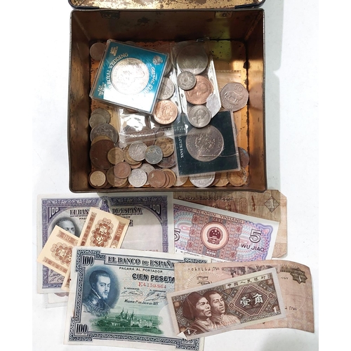 258 - A collection of foreign coins and banknotes and a 1953 GB coin set.