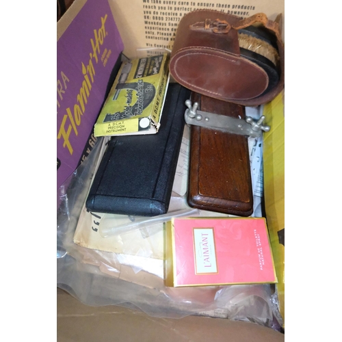 120 - A selection of ephemera, some war related; a pair of brushes in a leather case etc.