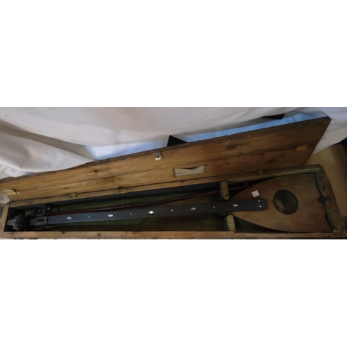 46 - A vintage single string violin type instrument, ebonised neck with inset mother of pearl markers, ov... 